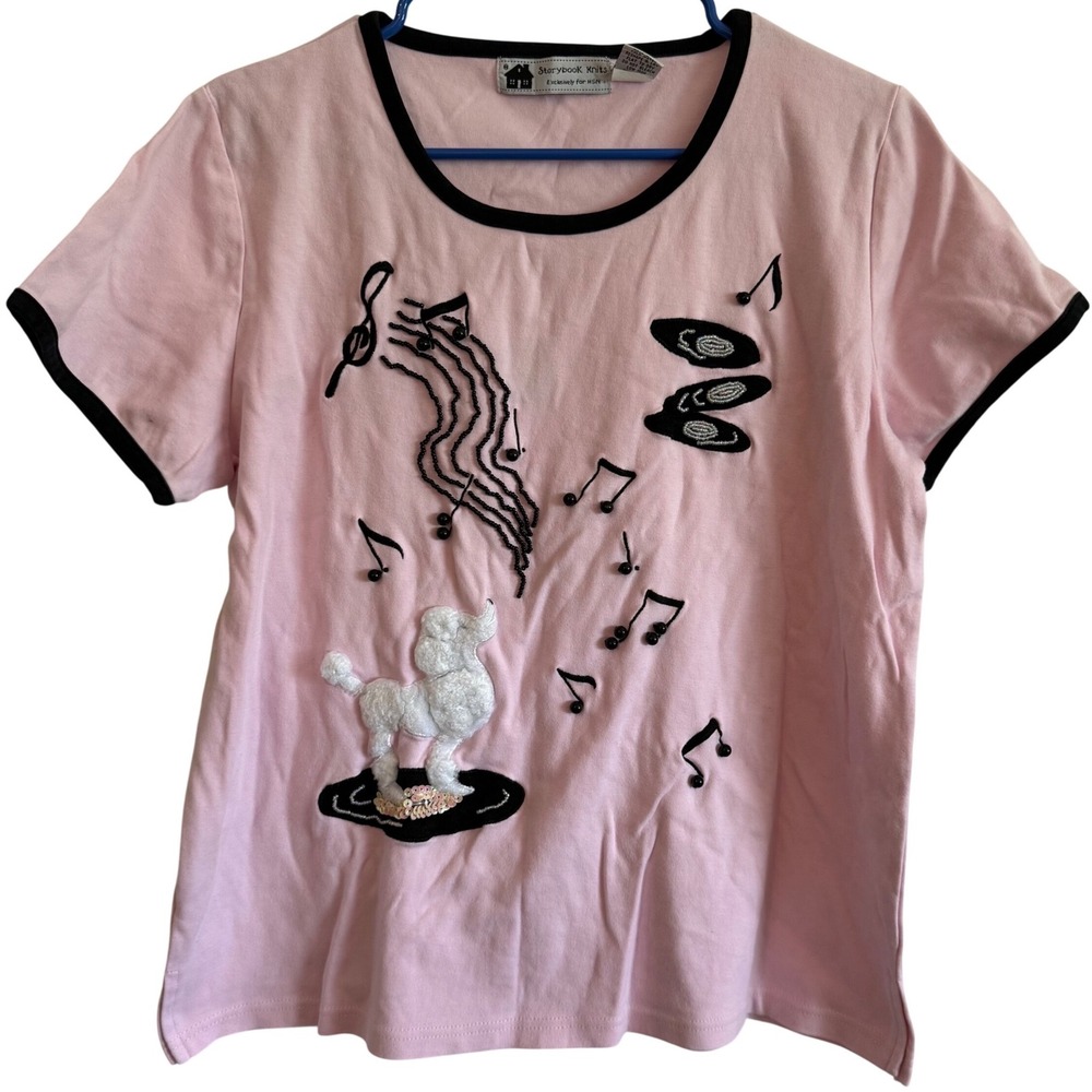 Vintage Storybook 1950s Diner Short Sleeve Sweater Poodle Music Note Women large